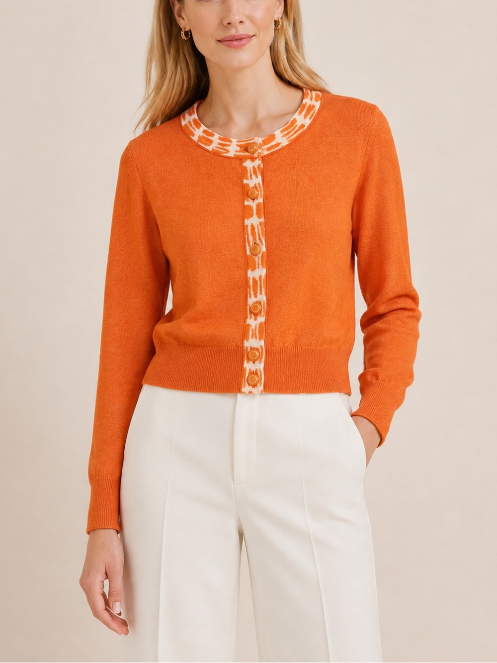 Vintage St. John Collection Orange Knit Cardigan Geometric Trim, Size 10